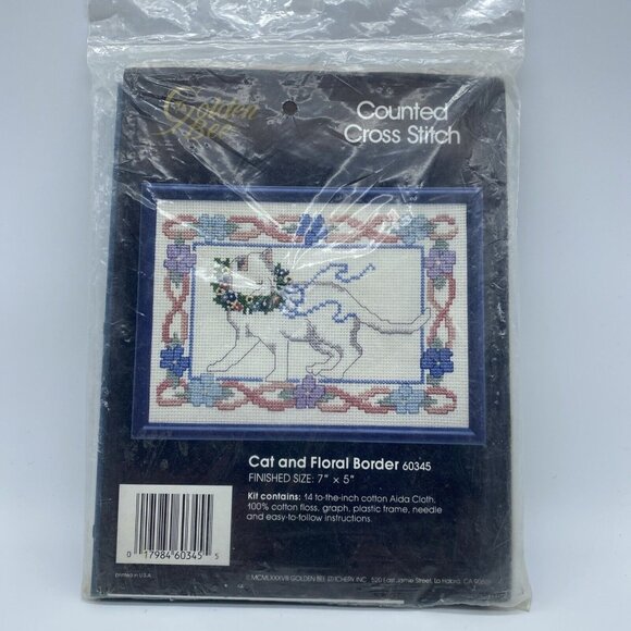Golden Bee Counted Cross Stitch Kit Cat Floral Border 60345 Embroidery 7x5 NOS - Picture 3 of 9